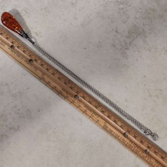 Art Nouveau Style Amber Pendant Silver Necklace - Picture 7 of 14